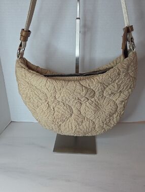 Zara Quilted Crescent Shoulder Bag in Beige